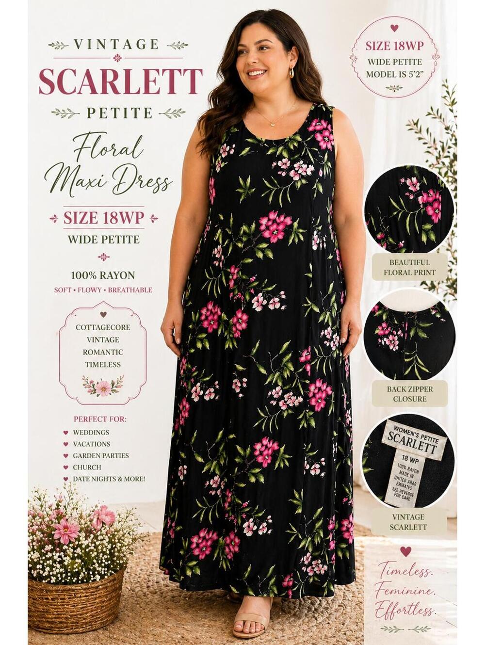 Vintage Scarlett Petite Floral Maxi Dress Black Pink Sleeveless 12WP Cottagecore